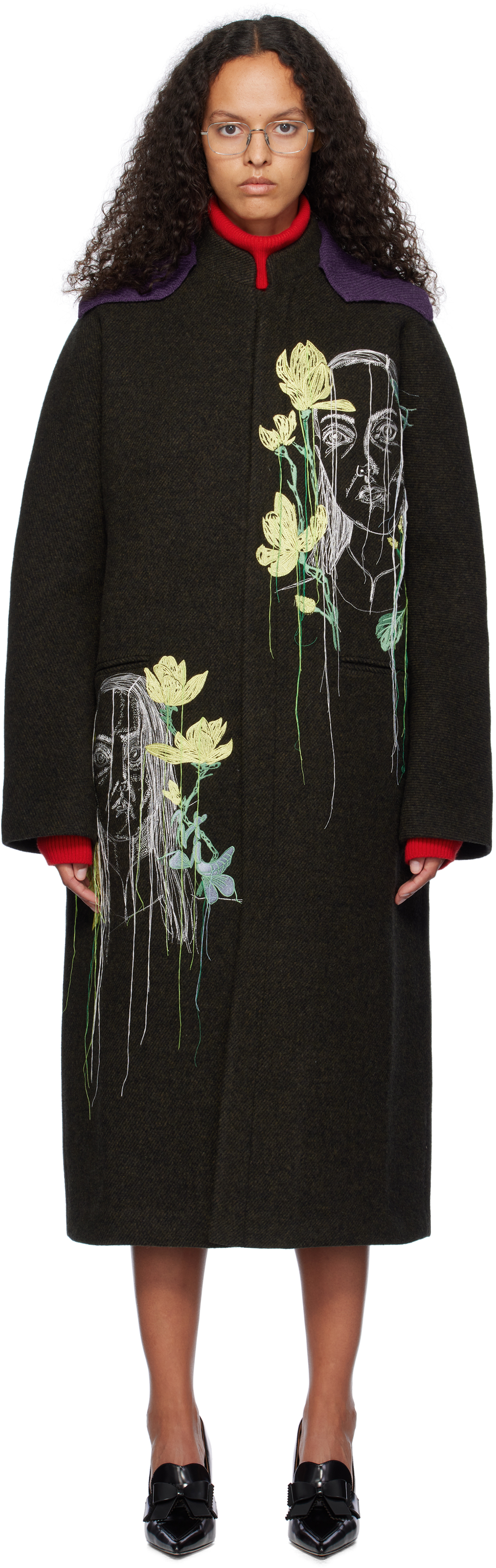 Ao Yes Khaki Embroidered Coat In Green