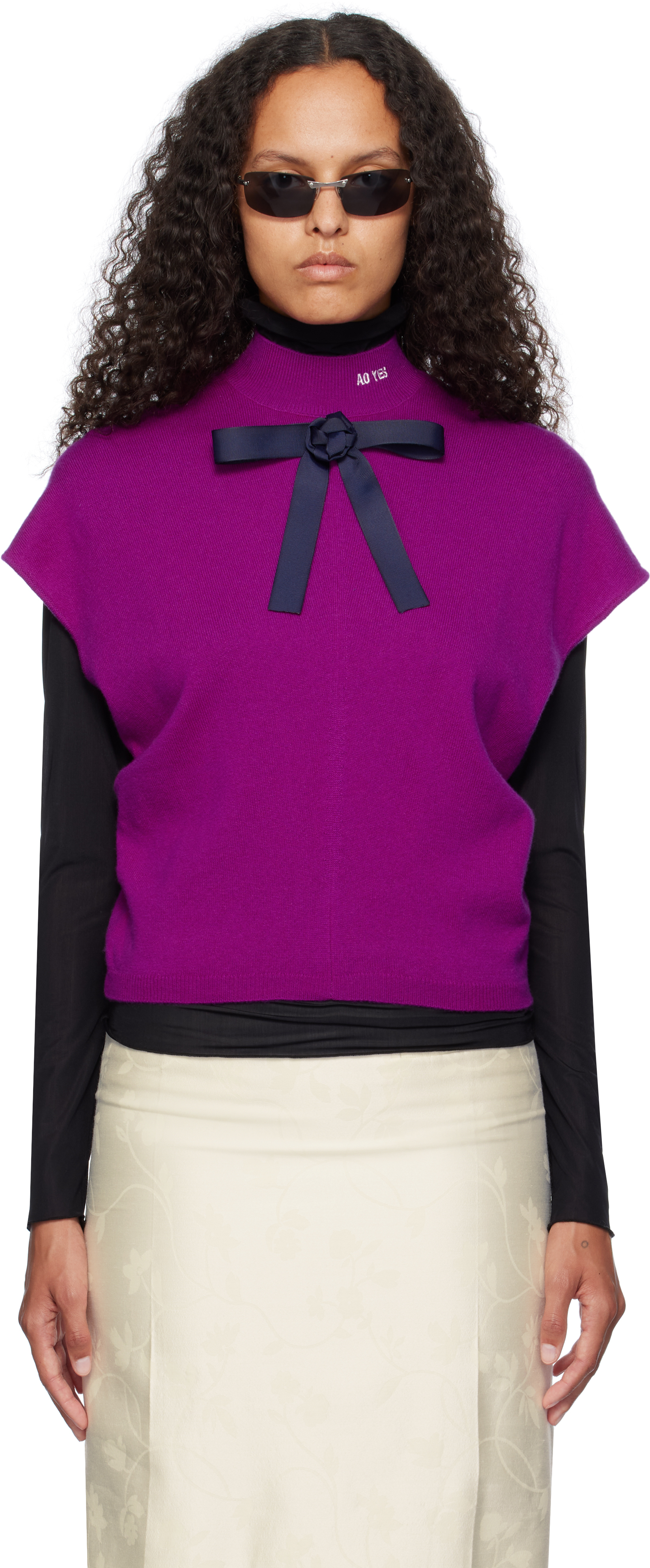 Ao Yes Purple Ribbon Tie Cropped Knit Vest