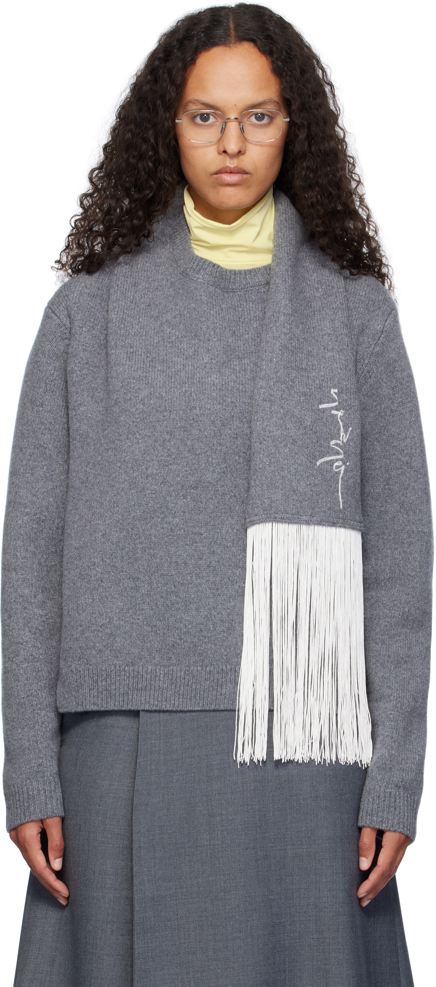 Ao Yes Gray Fringed Scarf Sweater In Grey