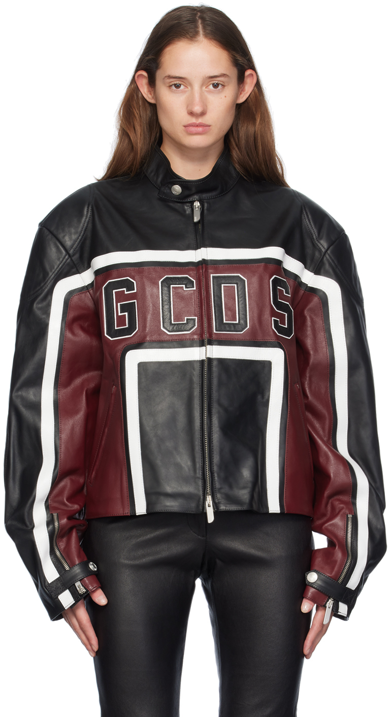 Shop Gcds Black & Red Racing Leather Jacket In 09 Mix