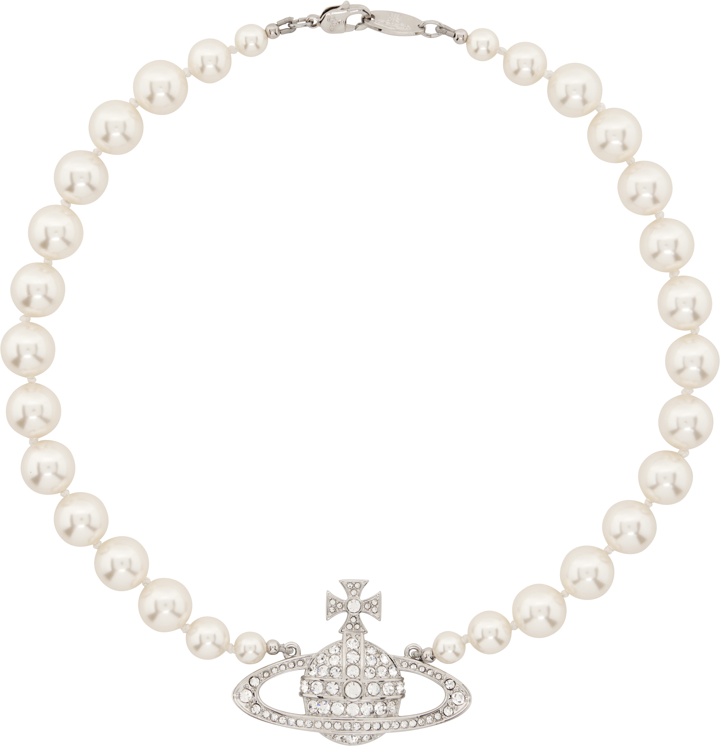 Shop Vivienne Westwood White & Silver One Row Pearl Bas Relief Choker In P104 Platinum/cream/