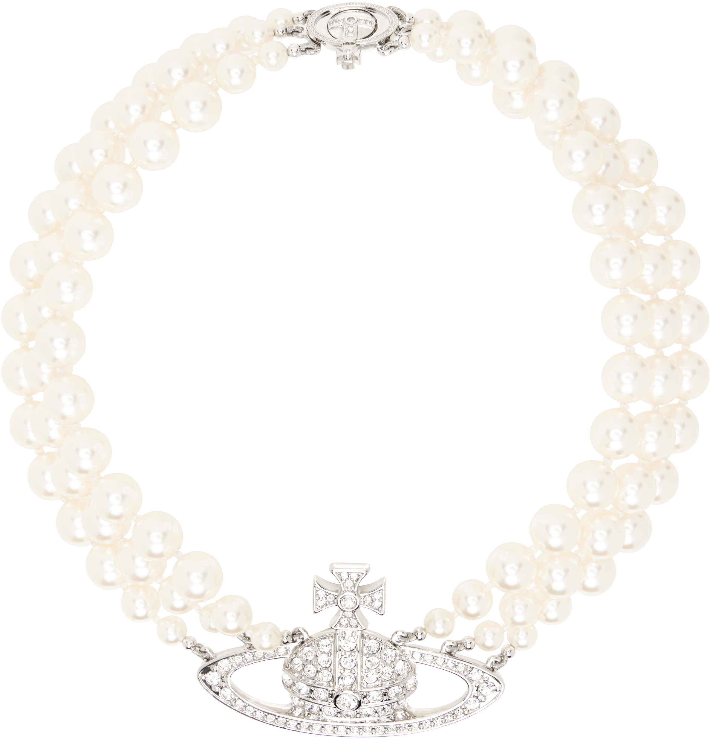 Silver & White Three Row Pearl Bas Relief Choker