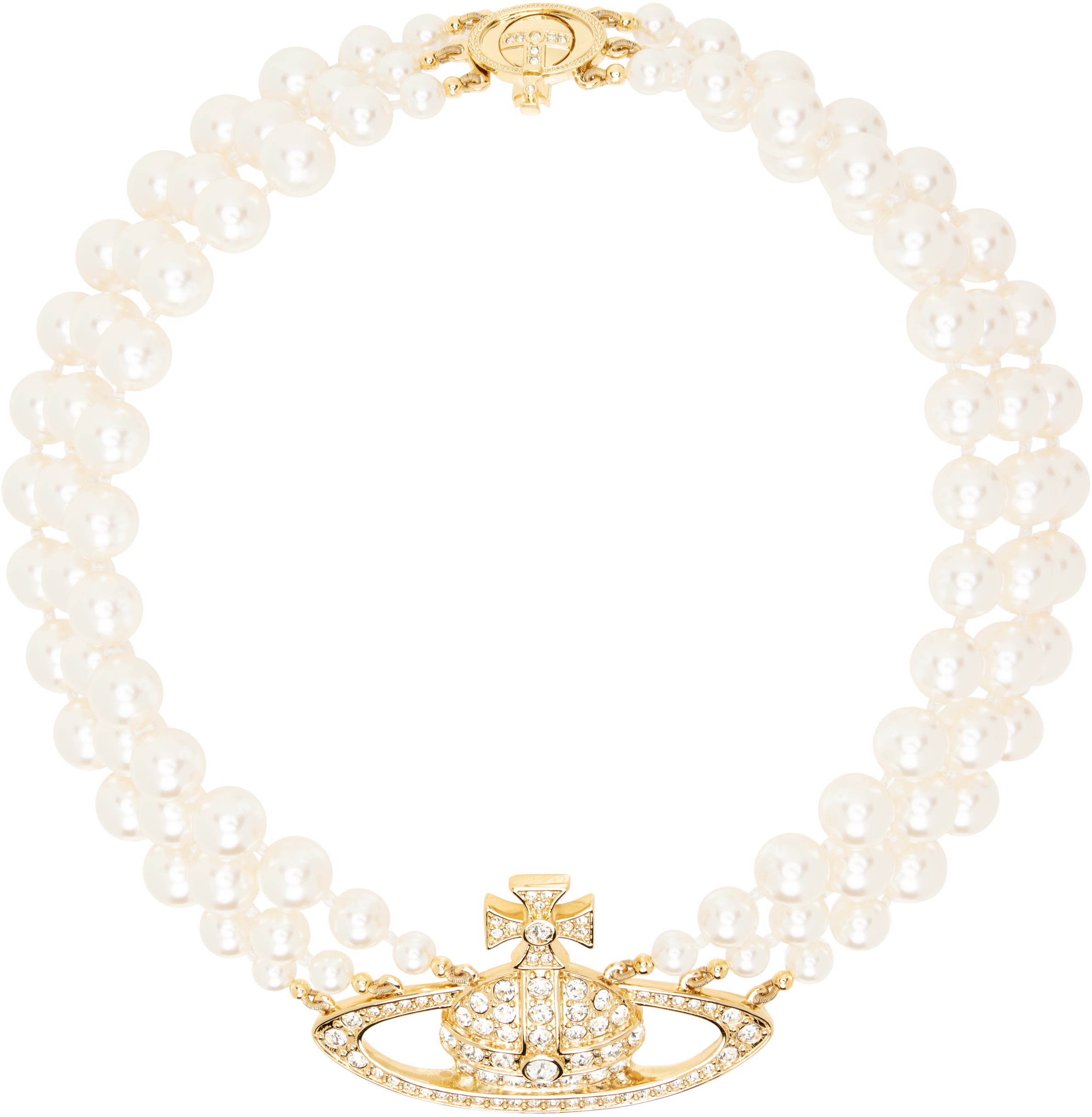 Vivienne Westwood: White & Gold Three Row Pearl Bas Relief