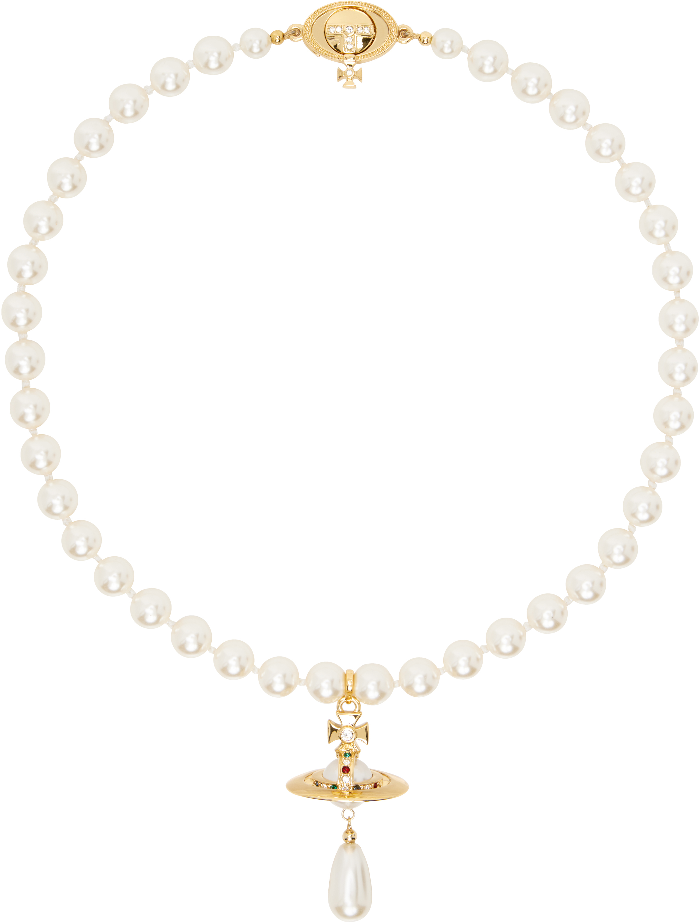 Shop Vivienne Westwood White & Gold One Row Pearl Drop Choker In R118 Gold/pearl/mult