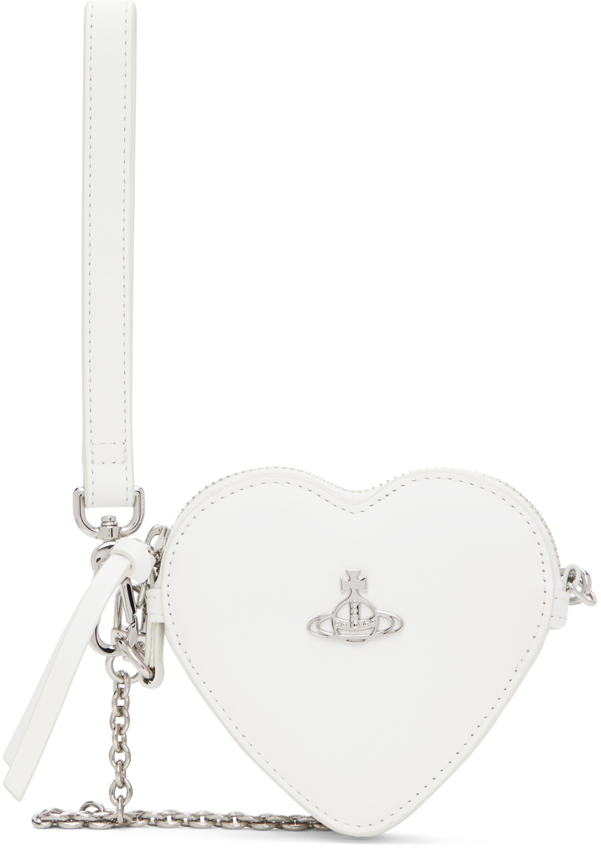 White Leather Heart Wristlet Pouch