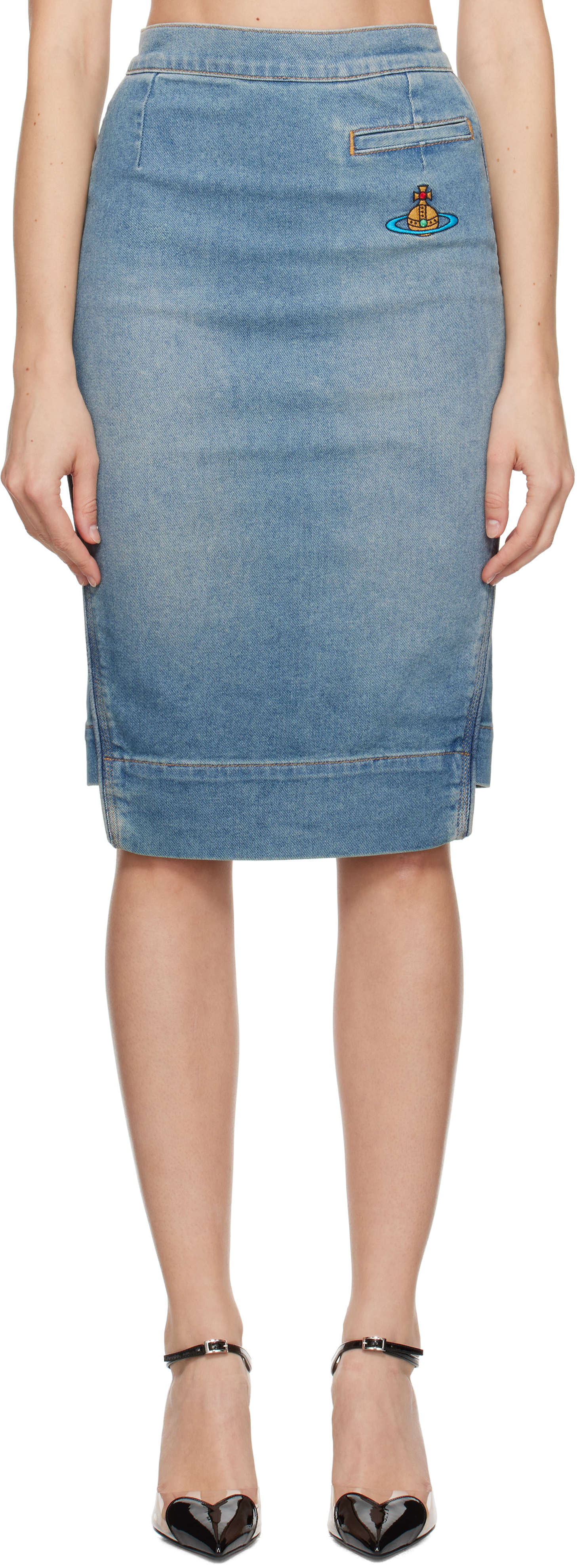 Blue Pleat Denim Midi Skirt