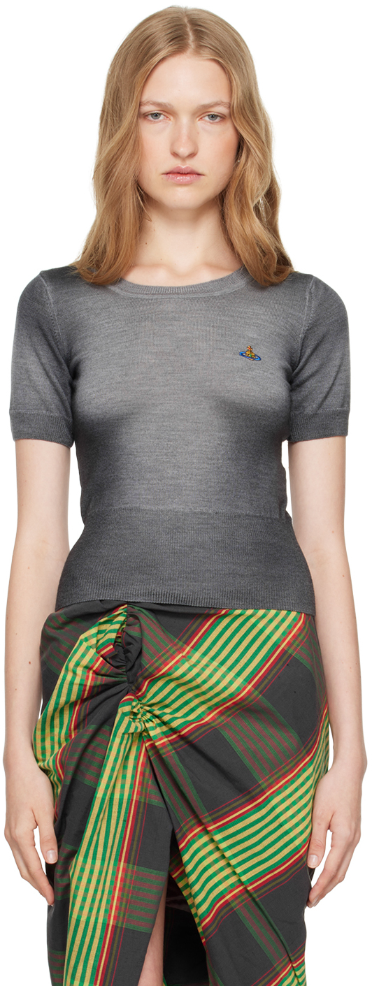 Vivienne Westwood Mens Grey/black Eli Brand-embroidery Regular-fit Knitted Wool Knitted Top In P401 Grey/black