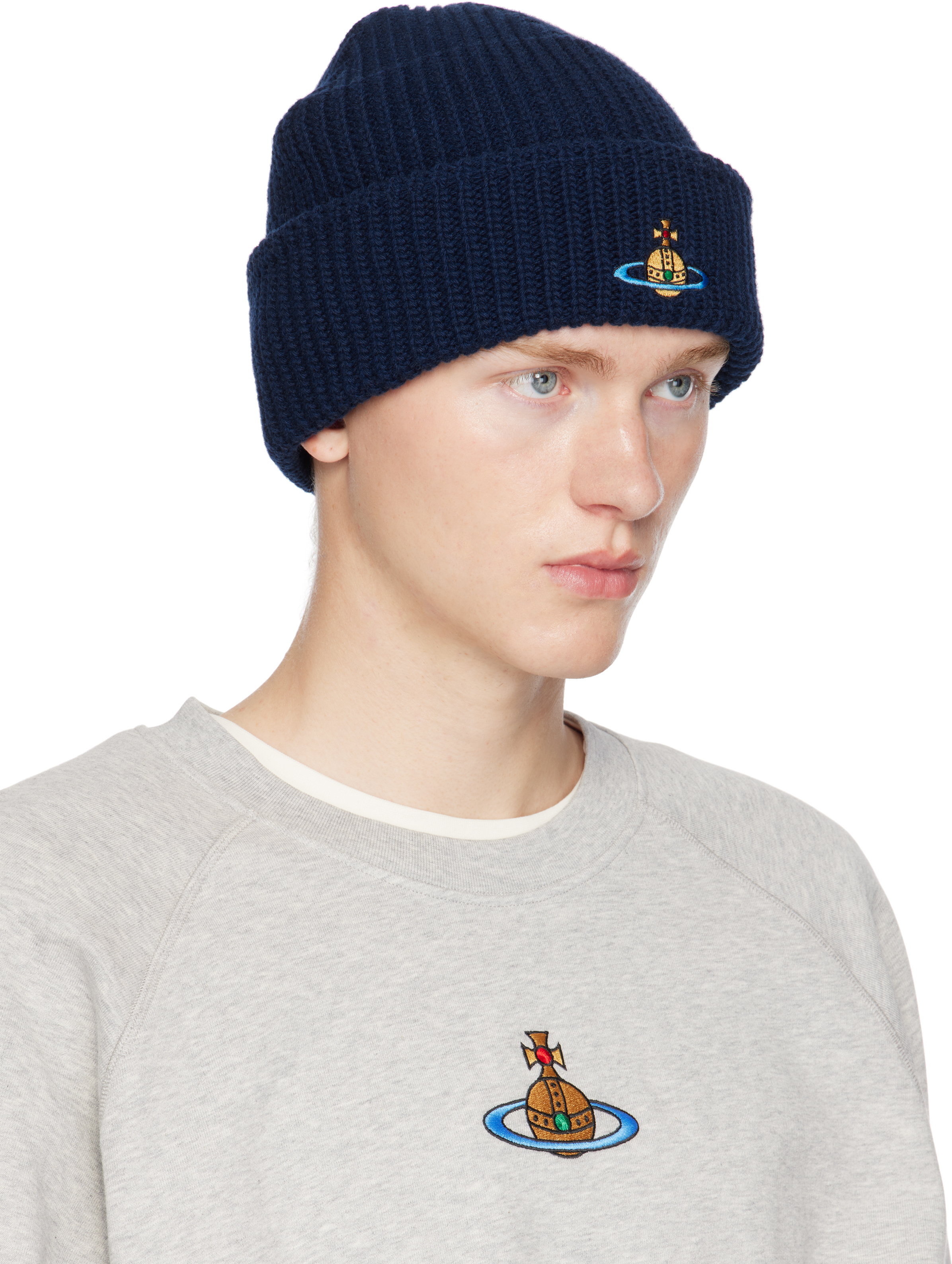 Vivienne Westwood Wool Knit Beanie Navy In Aw24-k410