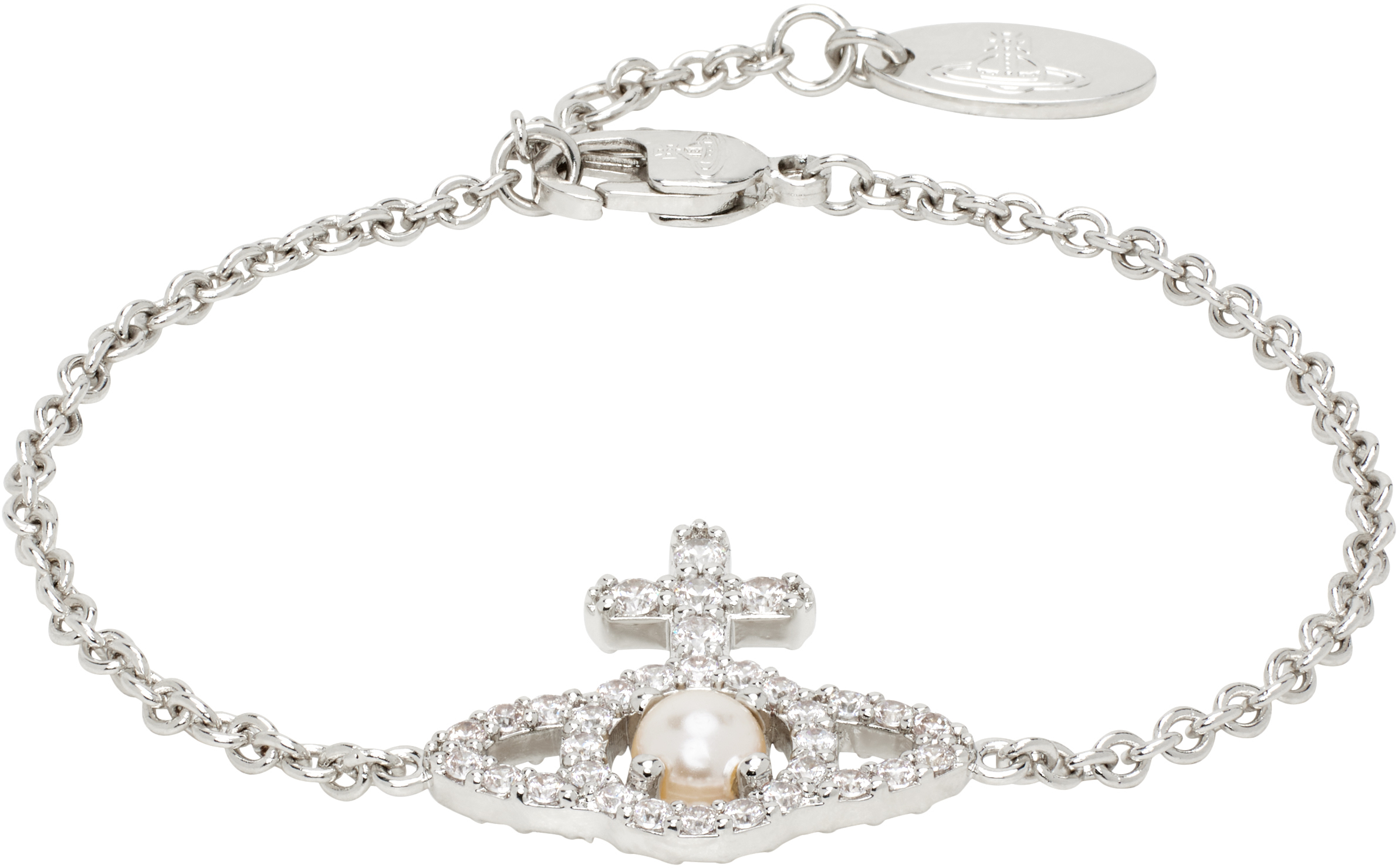 Shop Vivienne Westwood Silver Olympia Pearl Chain Bracelet In P226 Platinum / Crea