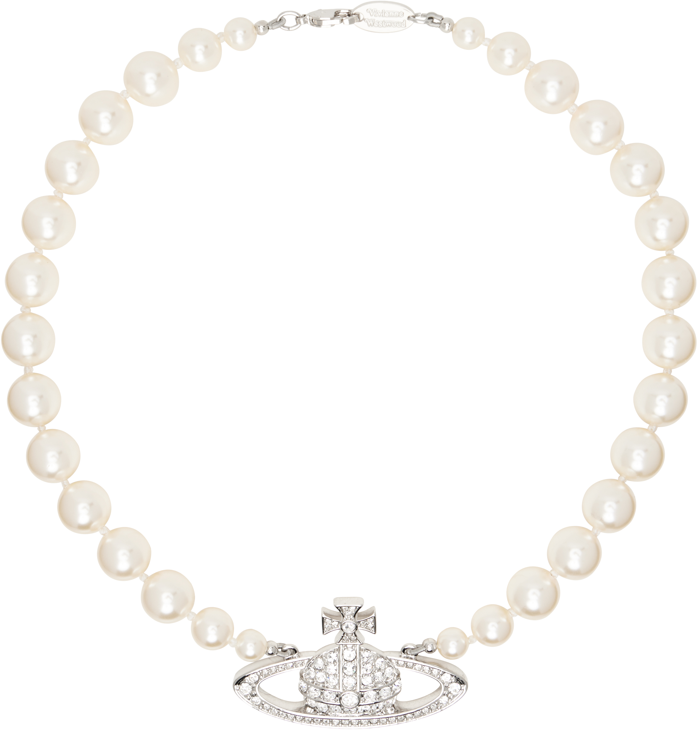 Shop Vivienne Westwood Silver & White One Row Pearl Bas Relief Choker In R001 Platinum/cream/