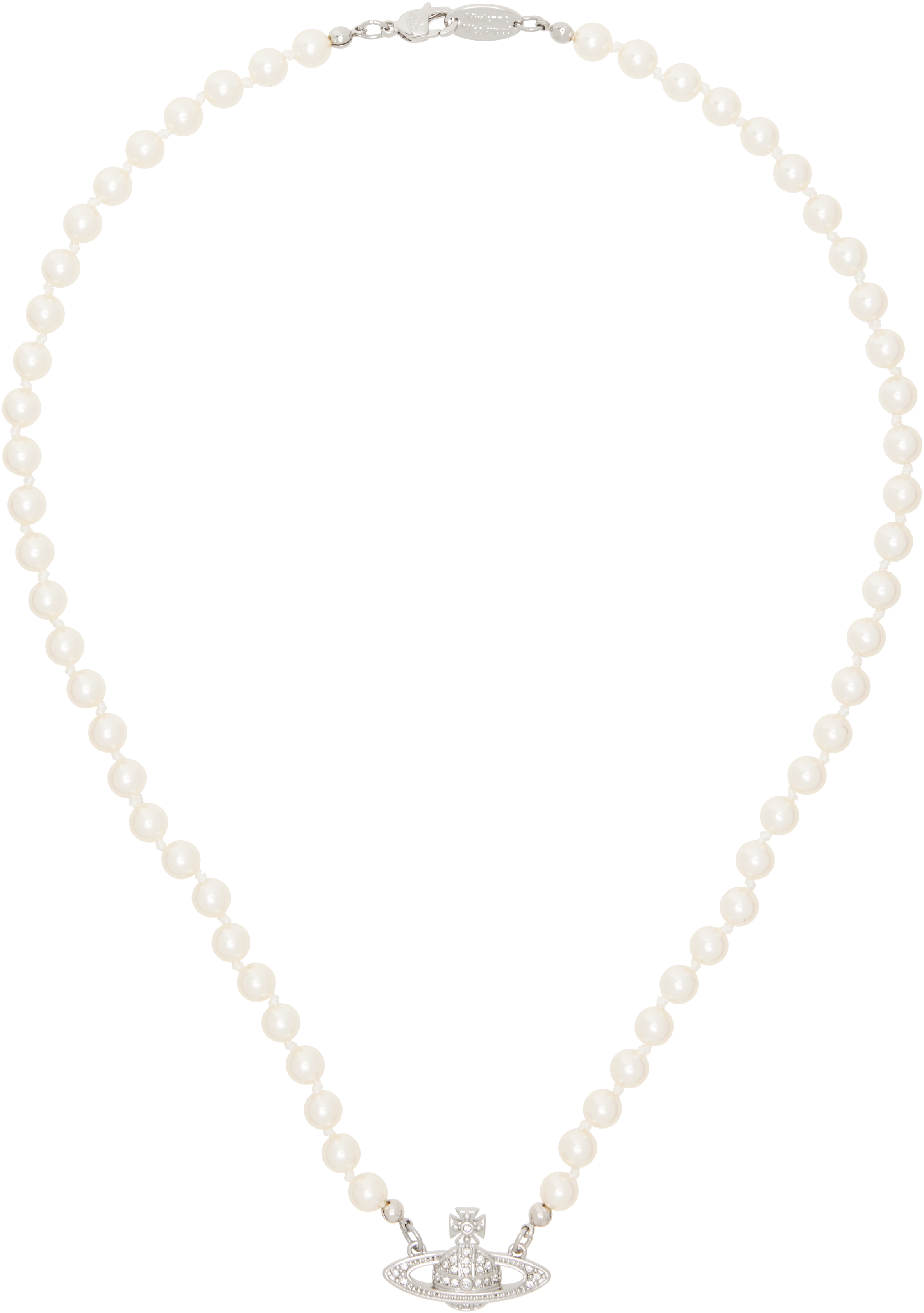 Shop Vivienne Westwood White Mini Bas Relief Pearl Necklace In Platinum