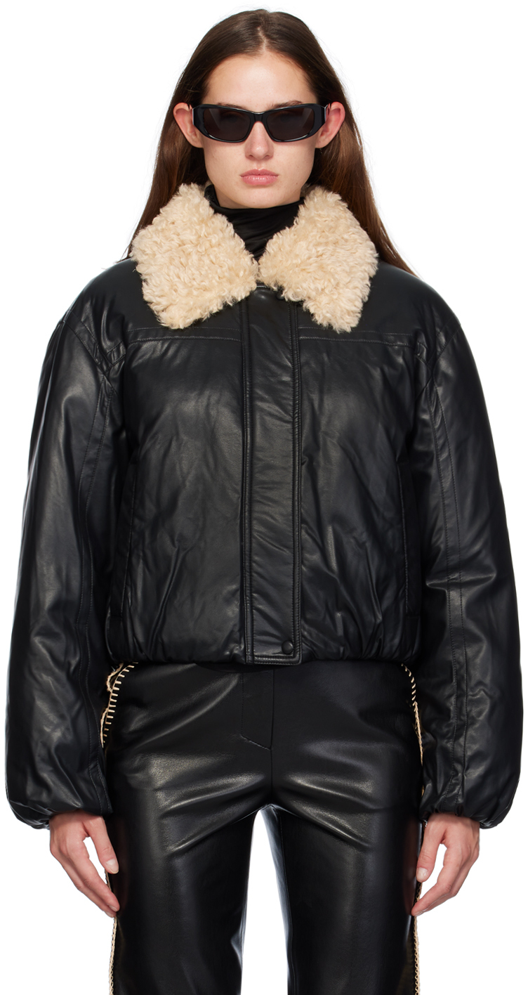 Black Fran Faux-Leather Bomber Jacket