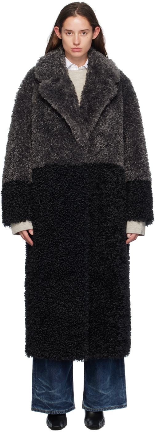 Shop Stand Studio Black & Gray Julie Faux-shearling Coat In 88701 Black/grey