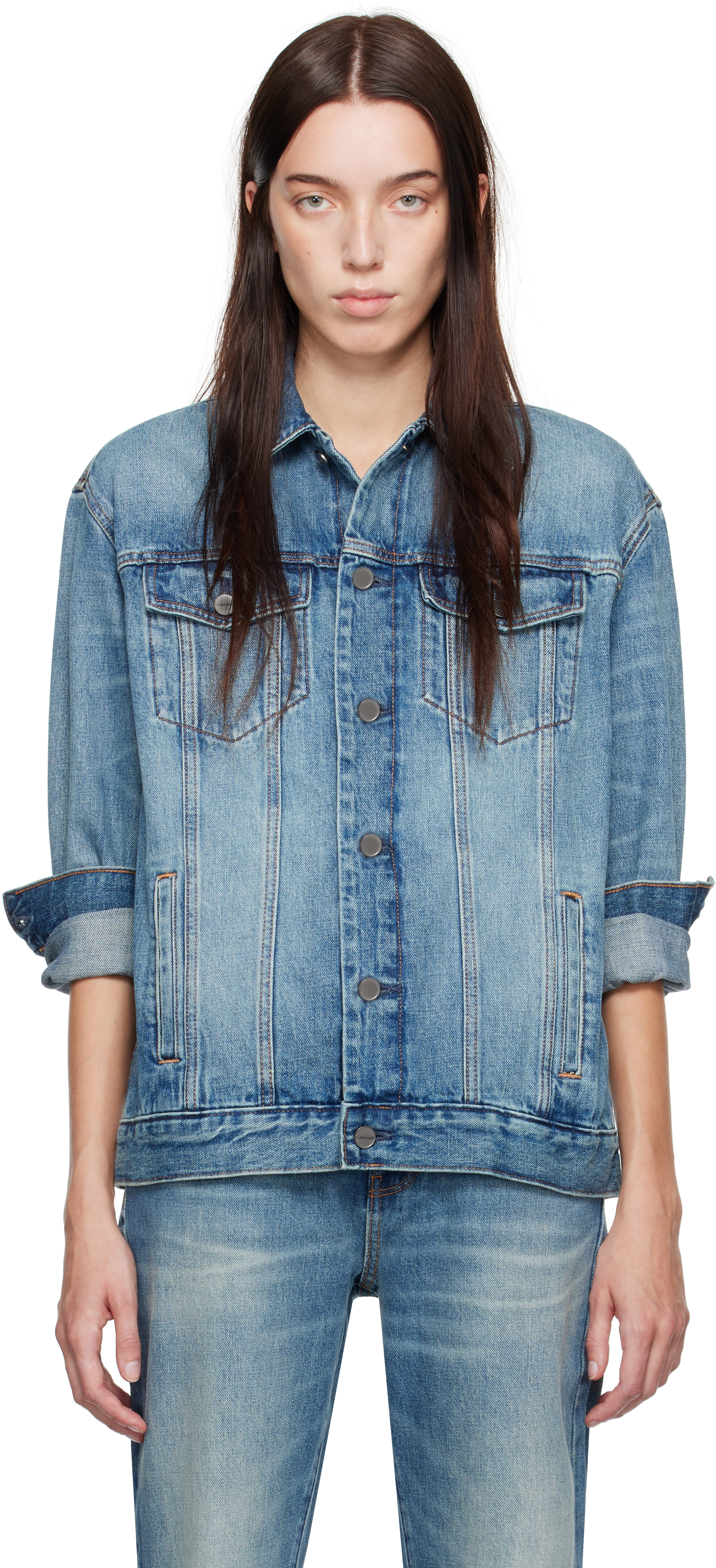 Shop Calvin Klein Blue Halo Selvedge Elongated Trucker Denim Jacket In Alloy Indigo