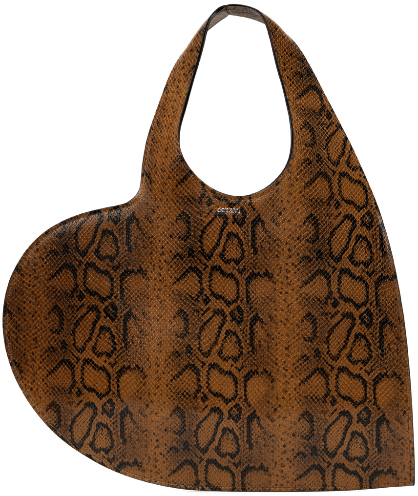 Brown Snake Print Heart Tote