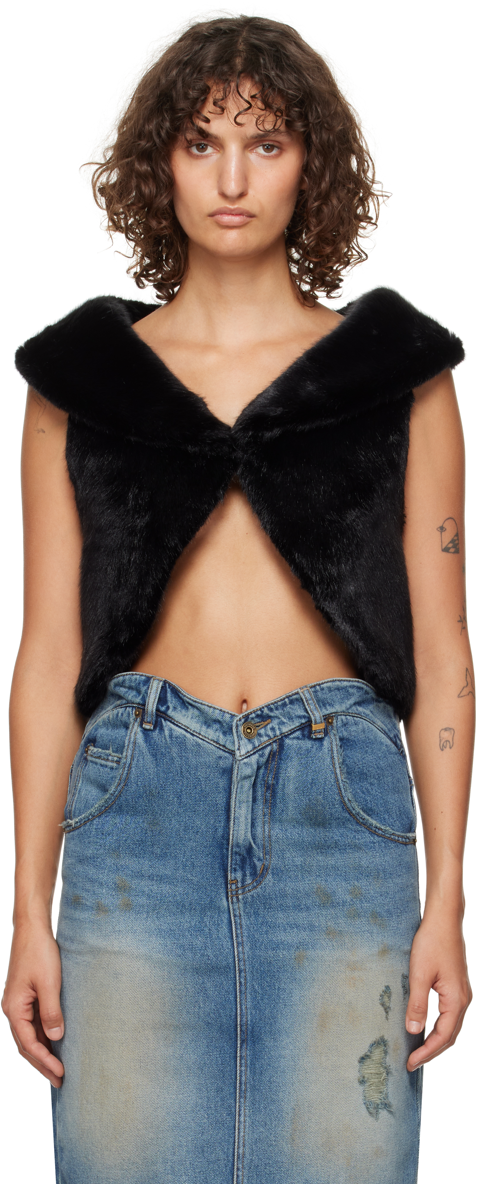 Shop We11 Done Black Cropped Faux-fur Vest