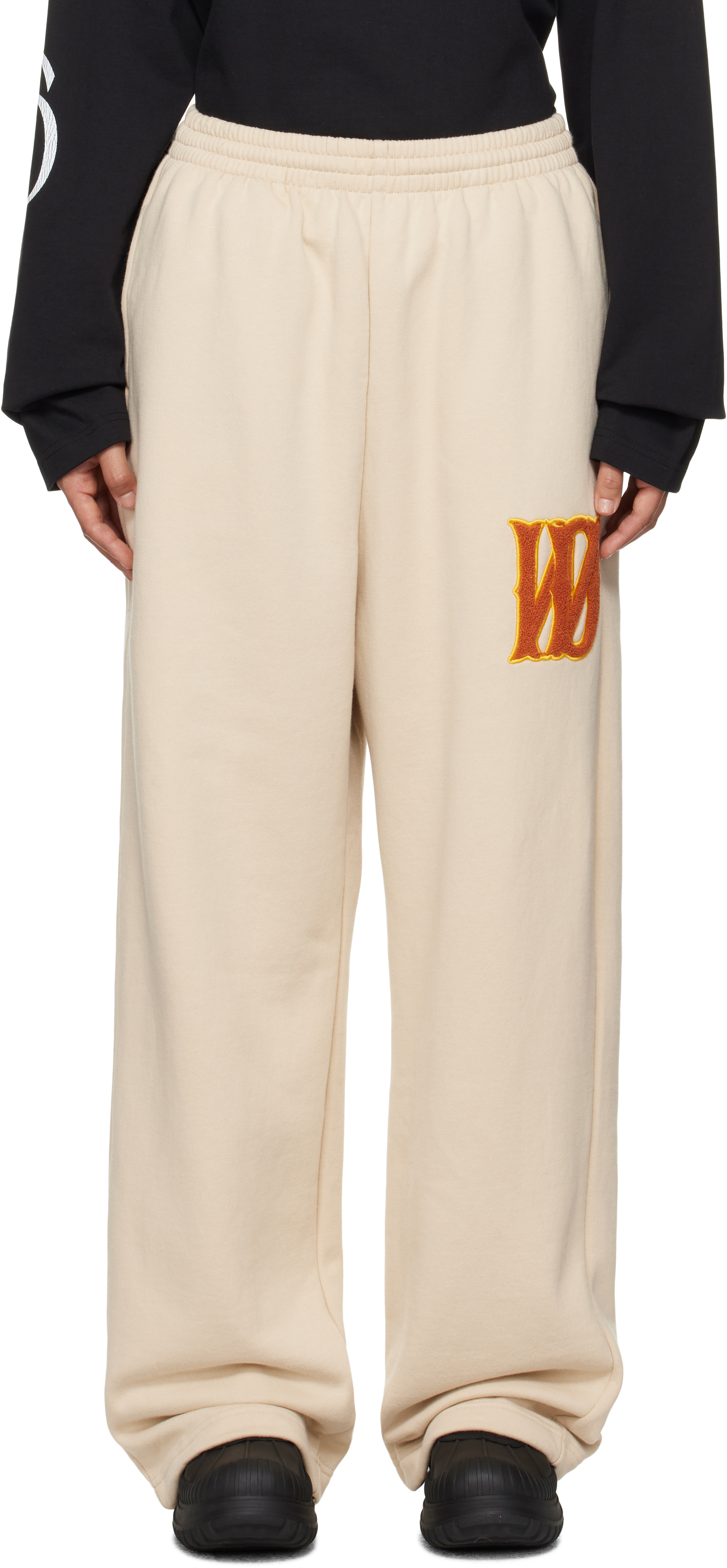 Shop We11 Done Beige Bouclé Letter Logo Wide Lounge Pants