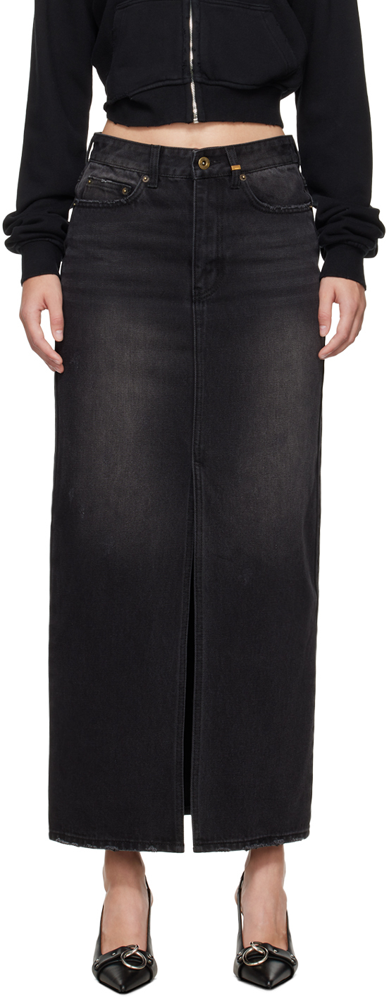 Black Washed Denim Maxi Skirt