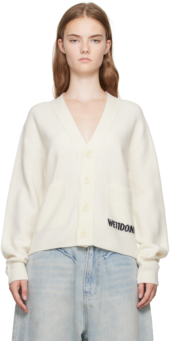 We11 Done Logo-intarsia Wool Cardigan In Ivory