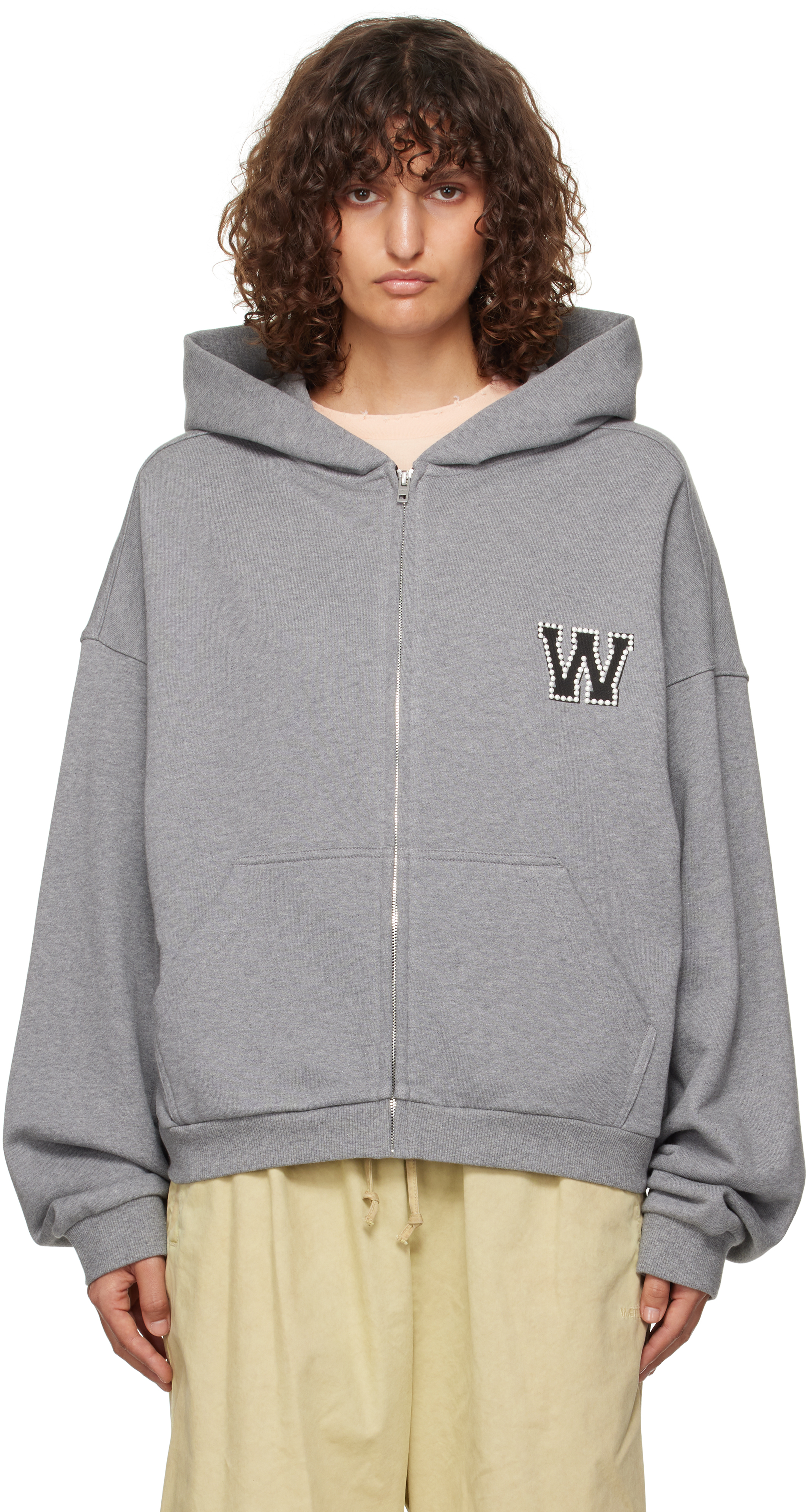 Shop We11 Done Gray Pearl Logo Zip-up Hoodie In M/grey