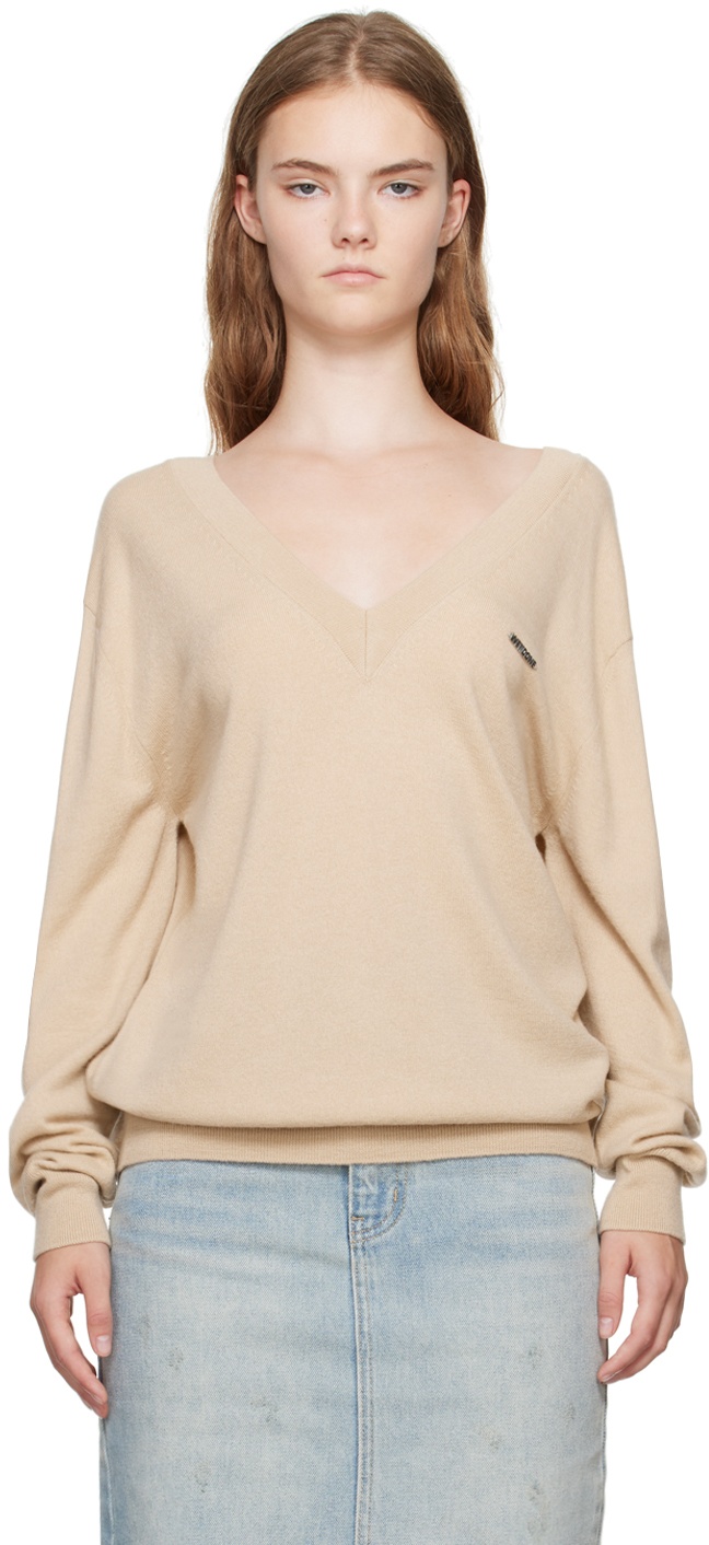 Beige Deep V-Neck Sweater