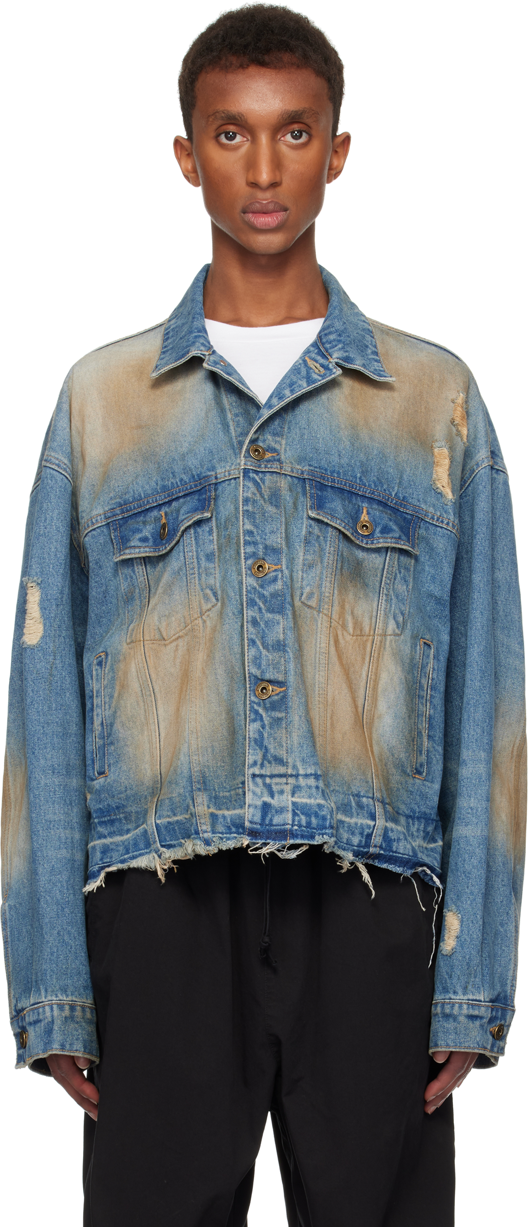 Shop We11 Done Blue Distressed Denim Jacket