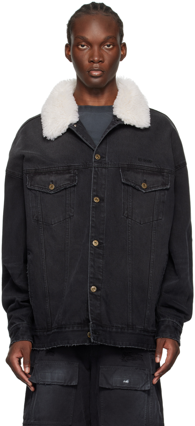 Shop We11 Done Black Fur Detail Oversized Denim Jacket