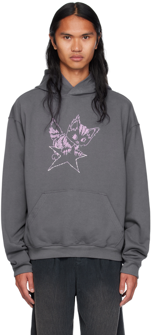 Shop We11 Done Gray Monster Fitted Hoodie In Charcoal