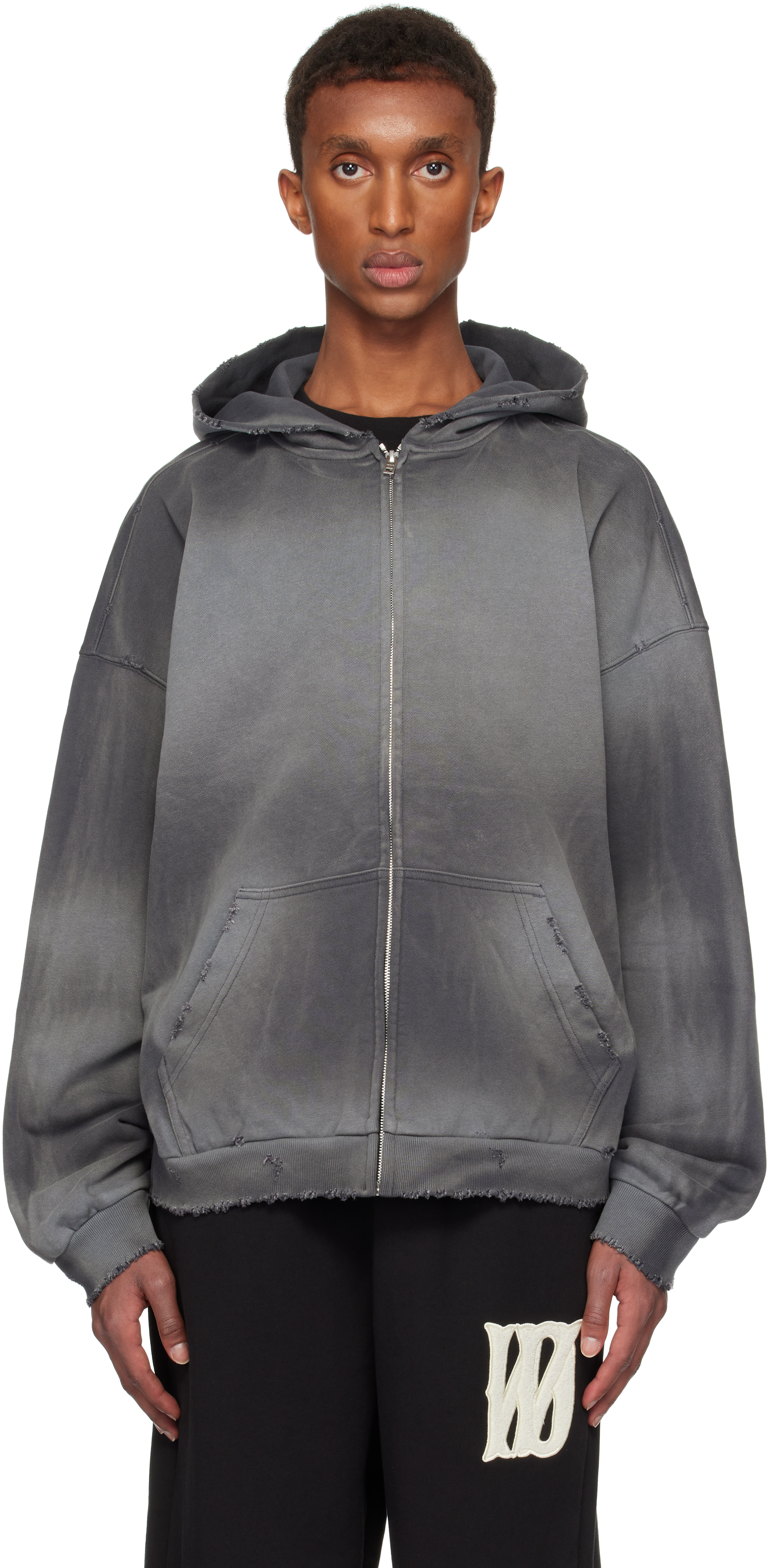 Shop We11 Done Gray Distressed Zip-up Hoodie In Charcoal