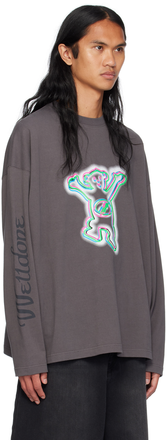We11 Done Grey Colourful Teddy Print Long Sleeve Cotton T-shirt In Charcoal