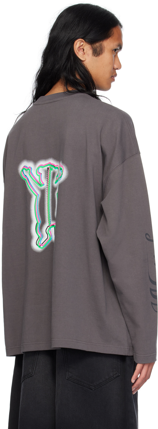 We11 Done Grey Colourful Teddy Print Long Sleeve Cotton T-shirt In Charcoal