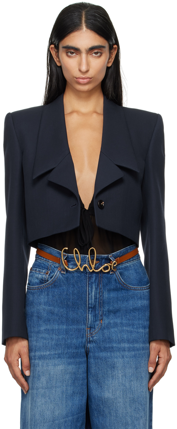 Shop Chloé Navy Cropped Blazer In 49z Eclipse Blue