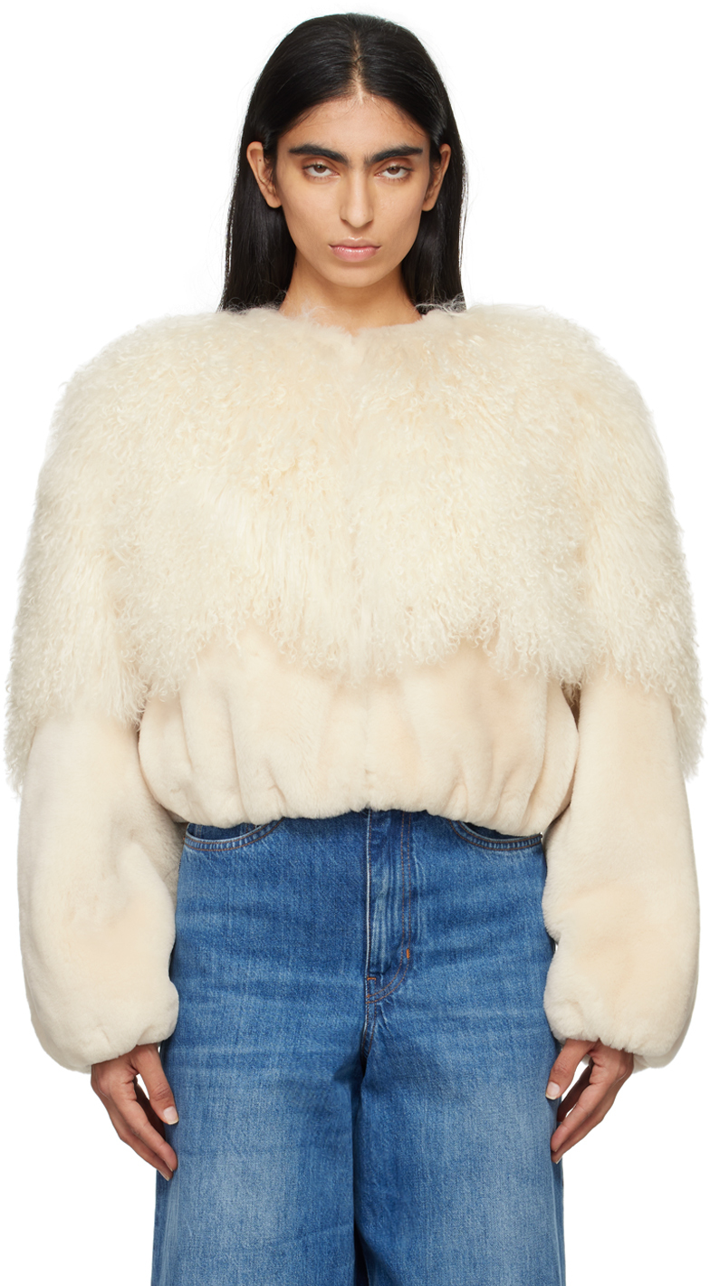 Chloé: Off-White Cropped Shearling Jacket | SSENSE