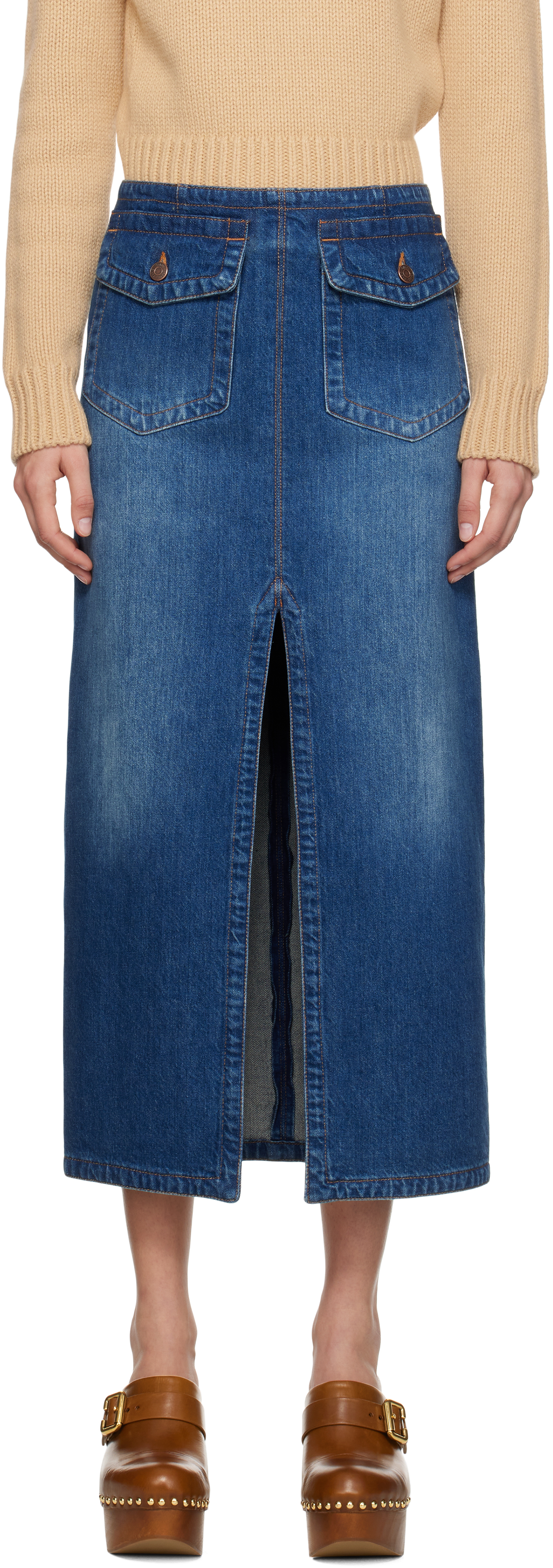 Chloé Blue Front-Slit Denim Midi Skirt