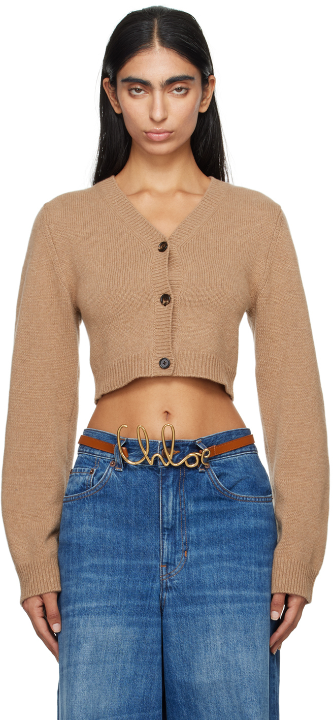 Shop Chloé Tan Cropped Cardigan In 214 Burning Camel