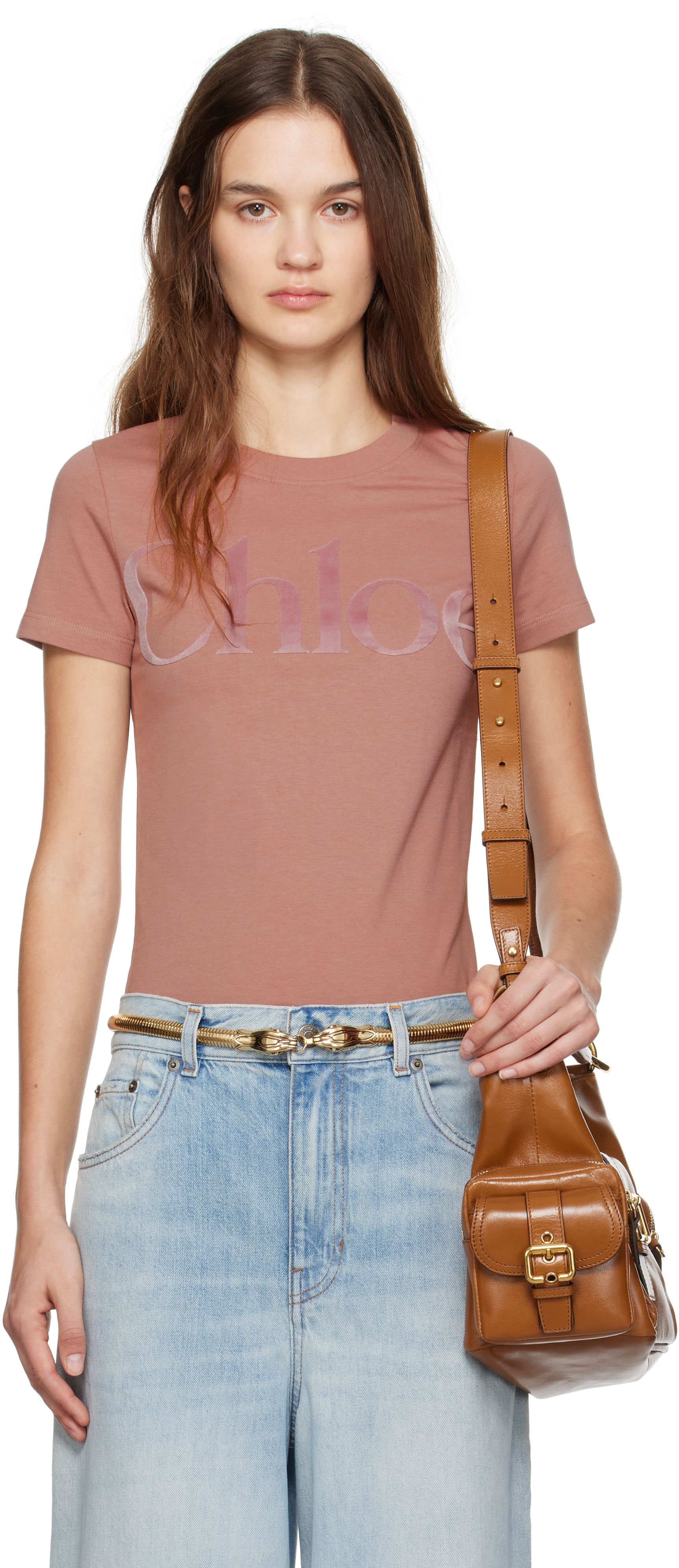 Tシャツ・カットソー CHLOE Women Tops CH24WJH03184 PINK T-shirt with velor logo CHLOE' Woman Tg. M CH24WJH03184 6S1