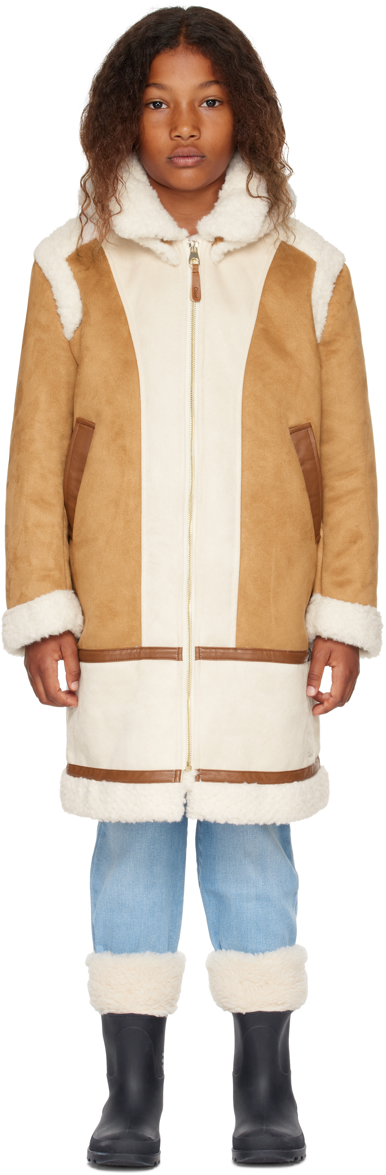 Kids Tan Paneled Faux Shearling Coat by Chloe on Sale