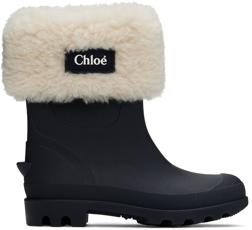 Shop Chloé Kids Navy Logo Patch Rain Boots In Blue Admiral