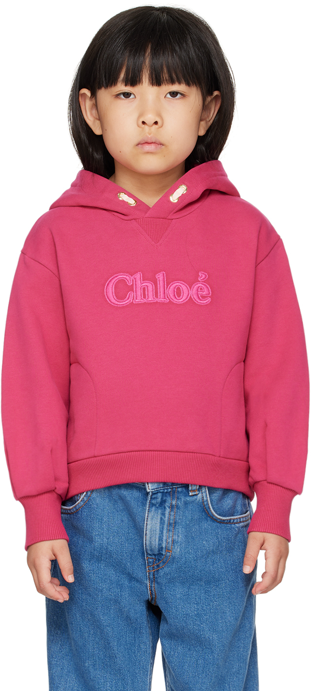 Shop Chloé Kids Pink Embroidered Logo Hoodie In 495 Fuschia