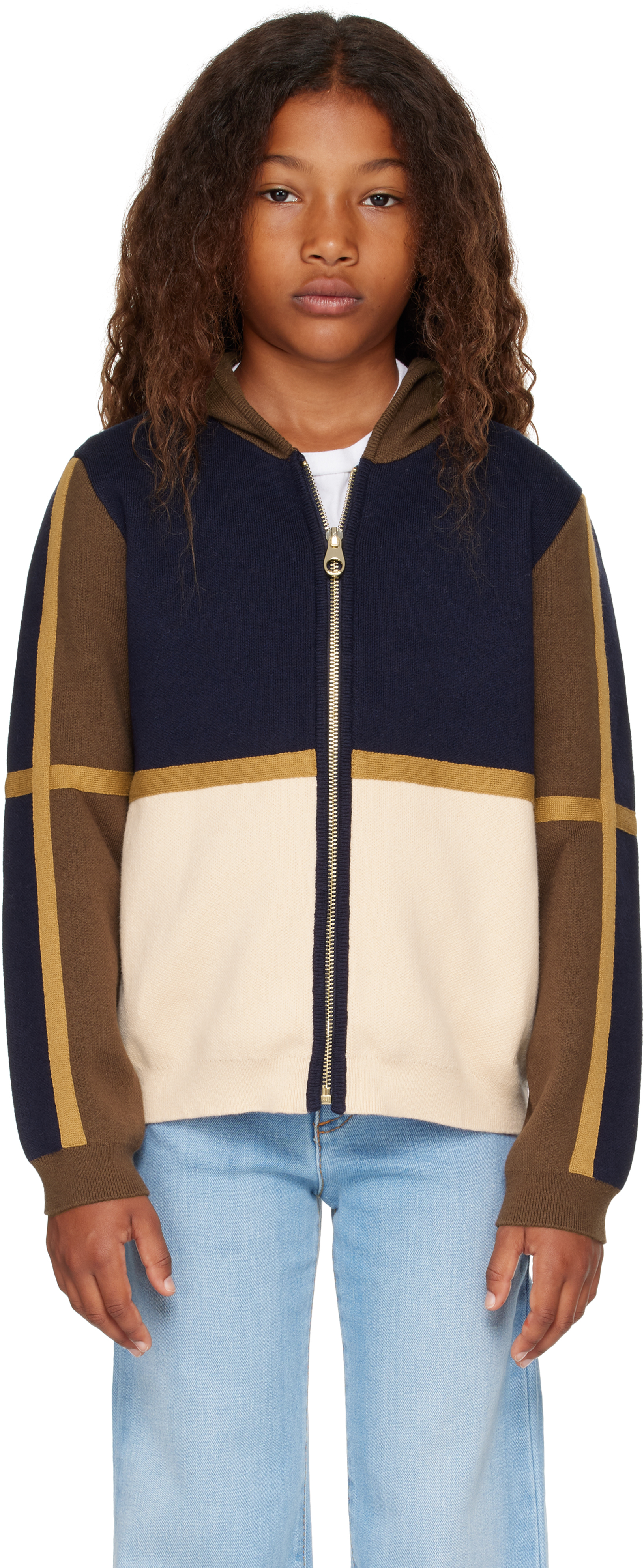 Kids Navy Colorblock Knit Zip Up Hoodie by Chloé on Sale