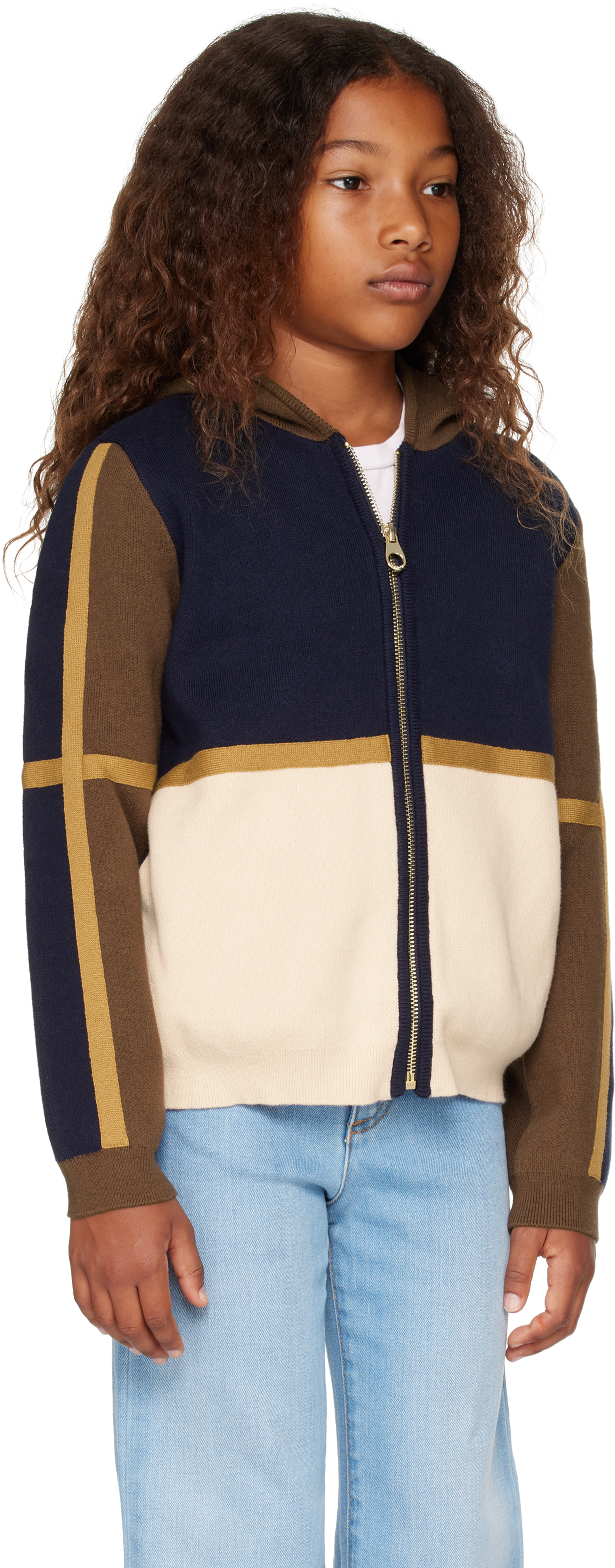 Chloé Kids Navy Colorblock Knit Zip Up Hoodie In 859 Navy