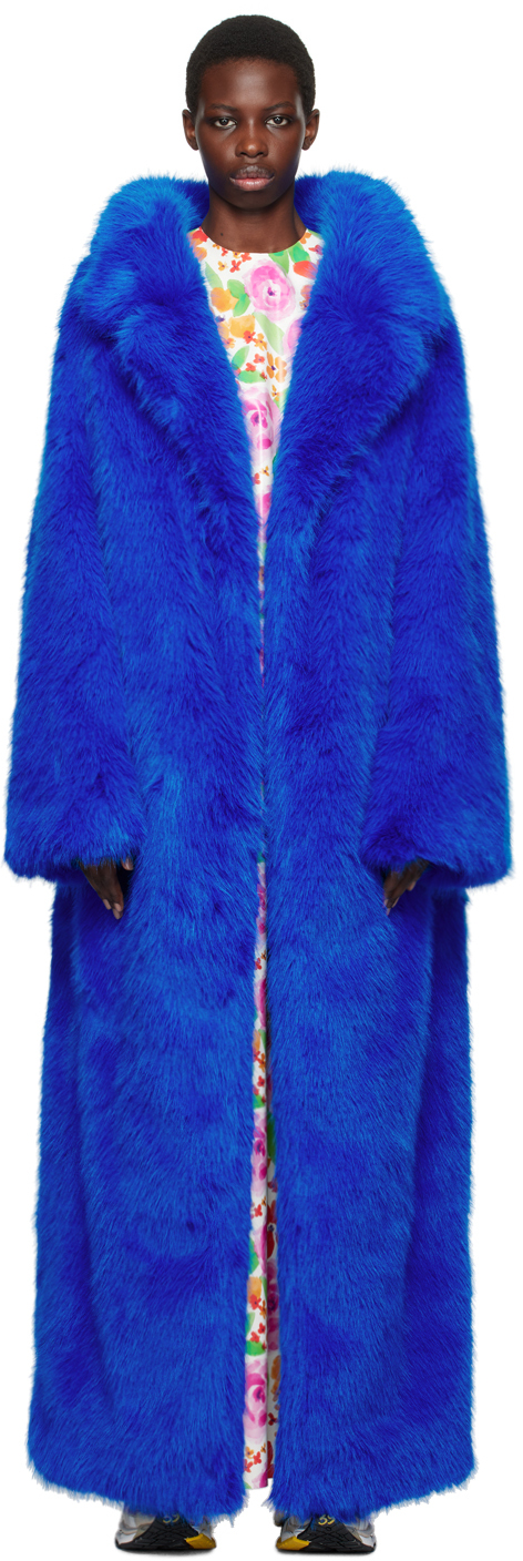 Blue Notched Faux Fur Coat