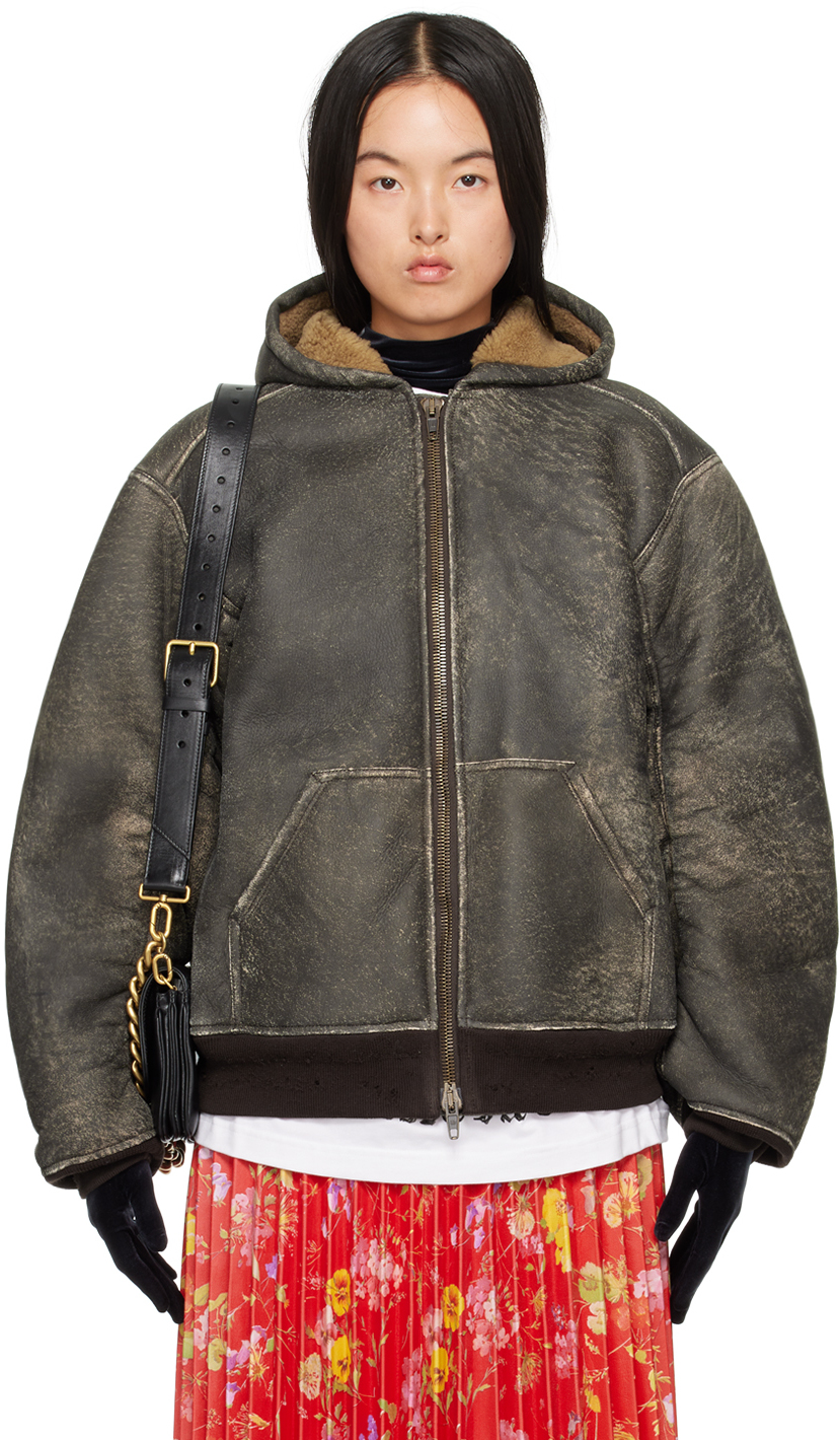 Black Brown Zip Up Shearling Hoodie