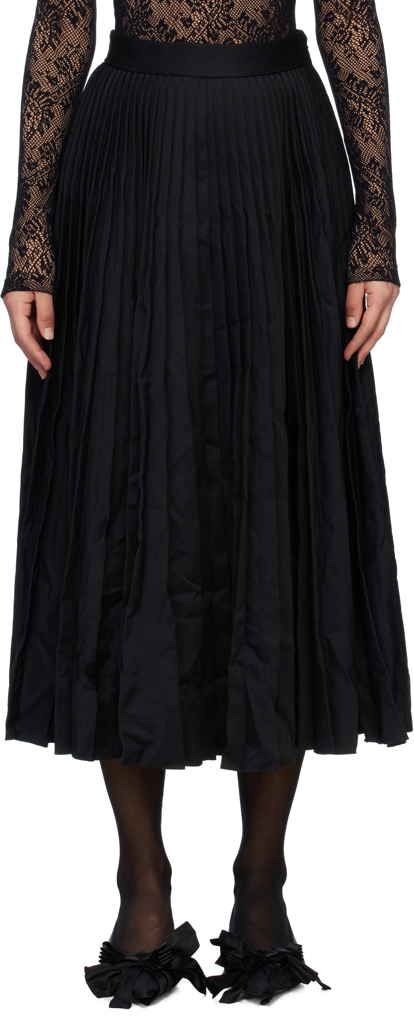 Black Creased Pleated Midi Skirt