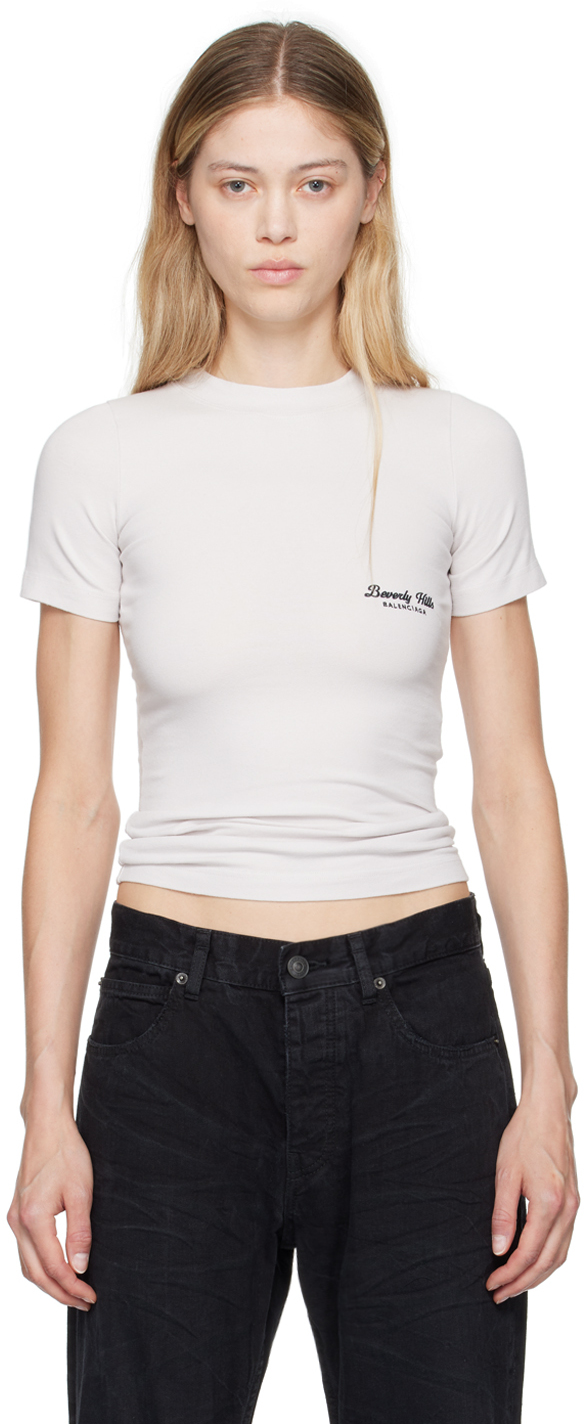 Shop Balenciaga Off-white 'beverly Hills' Fitted T-shirt In 3307 Off White/black