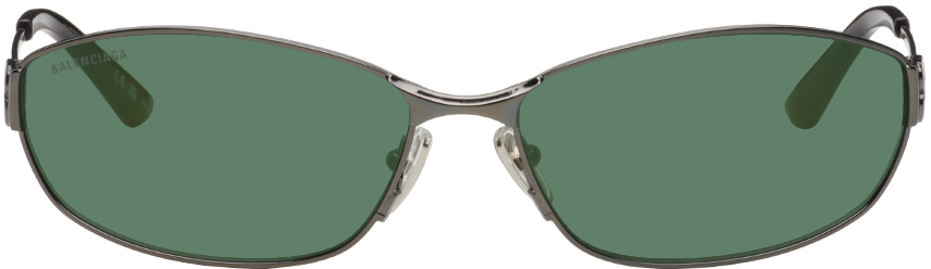 Shop Balenciaga Gunmetal Mercury Oval Sunglasses In Grey-grey-green