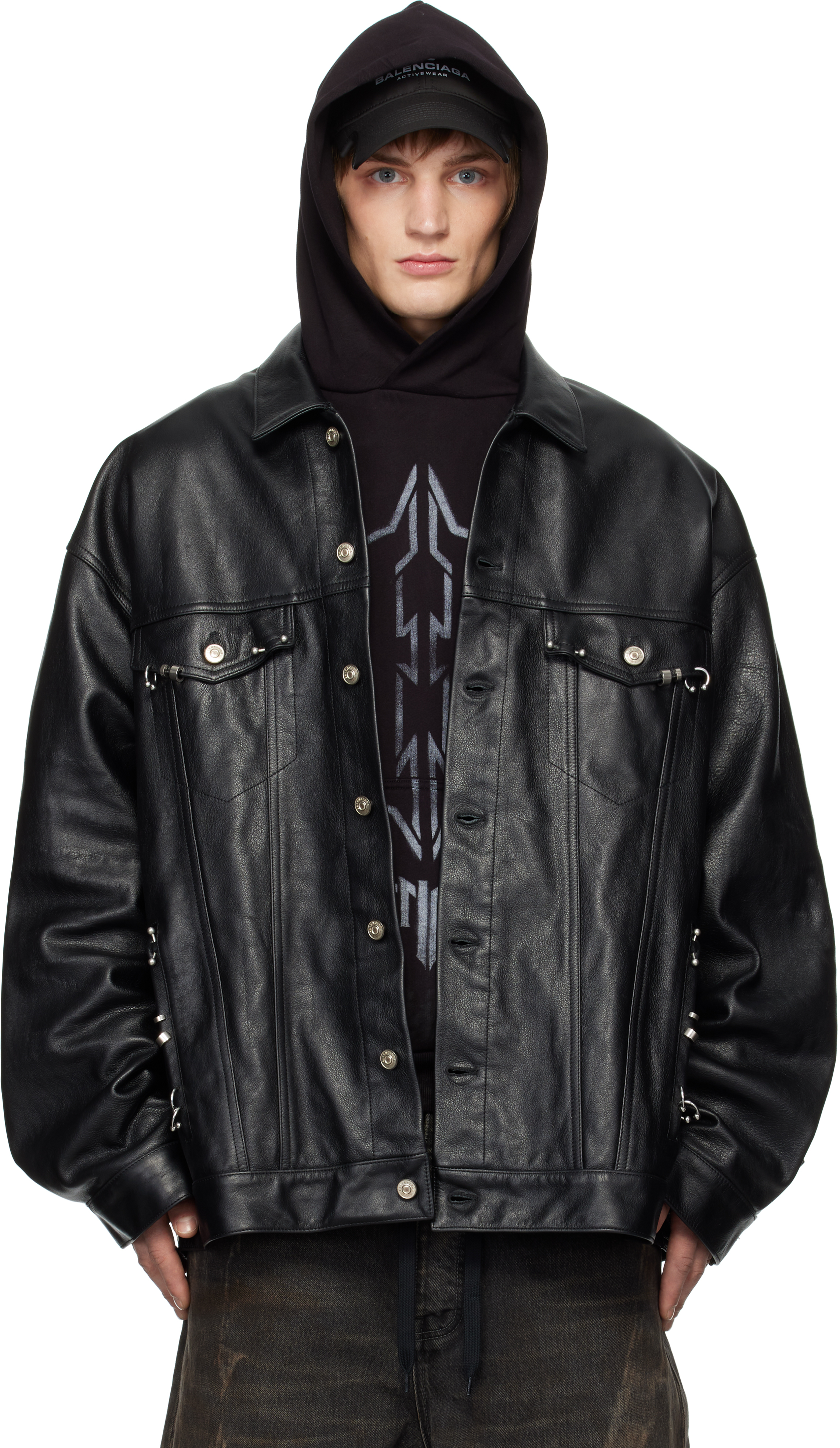 Black Oversized Pierced Leather Jacket