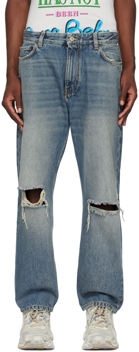 Shop Balenciaga Indigo Distressed Jeans In 4245 Sapphire