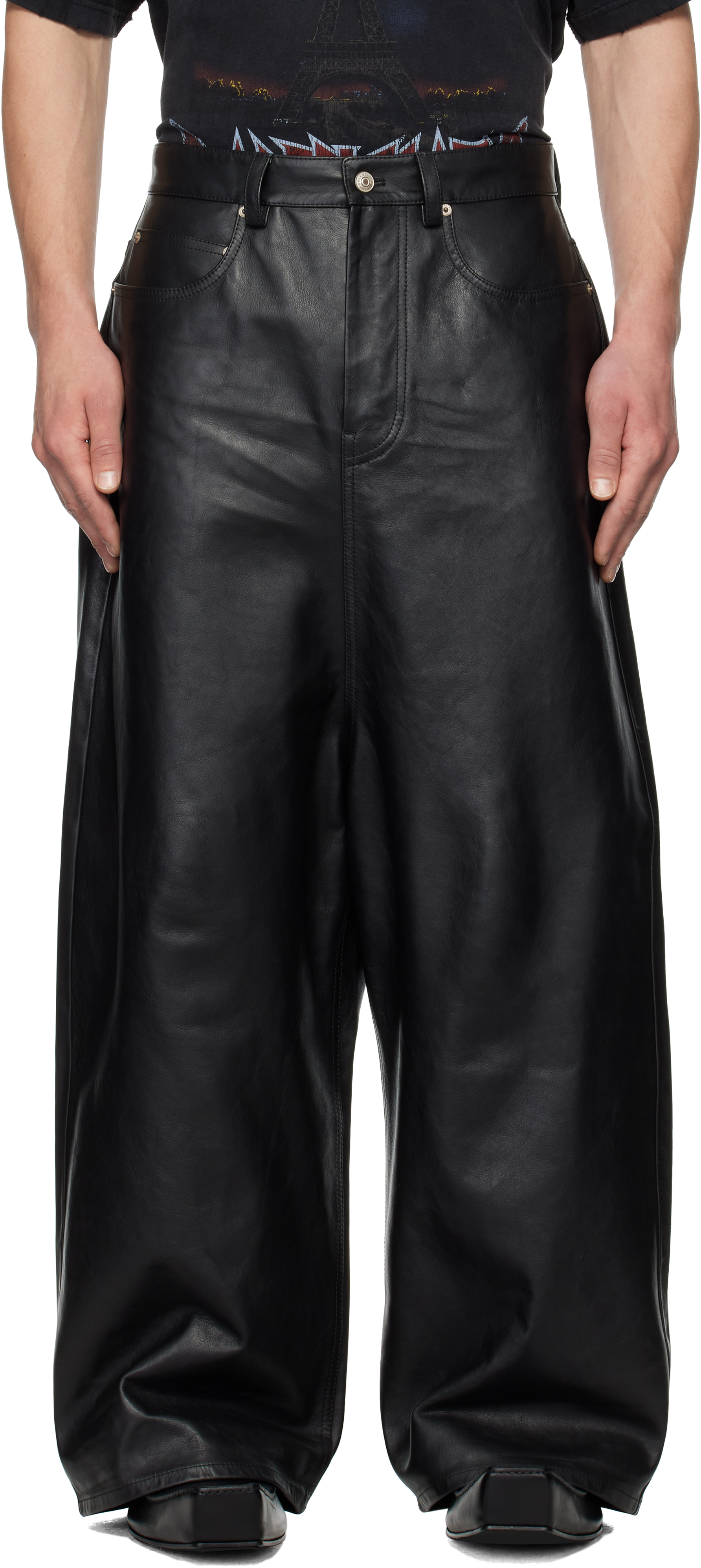 Black Soft Shining Low Crotch Leather Pants