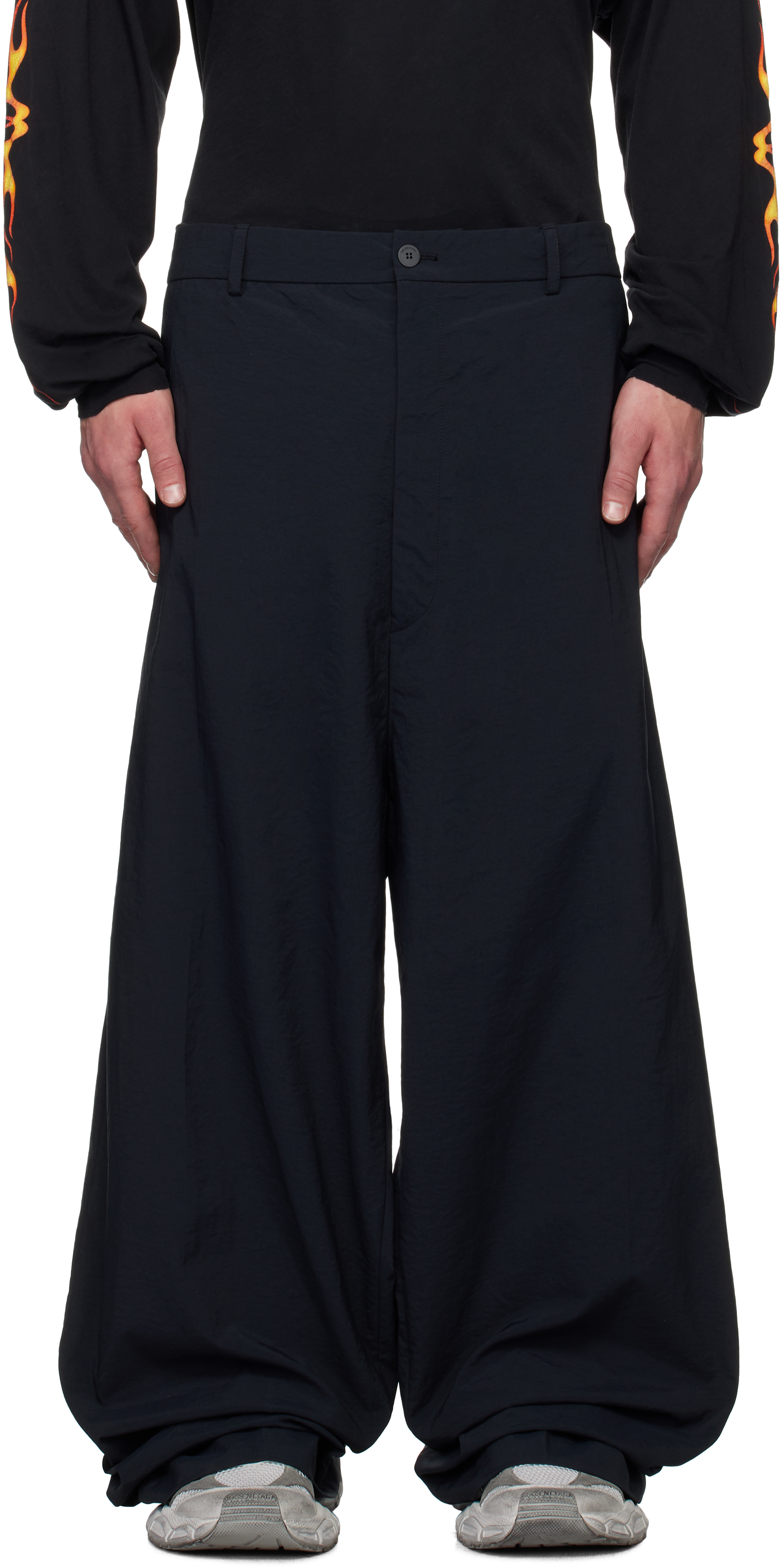 Black Nylon Micro Canvas Large Fit Trousers